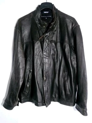 Chaqueta de moto Tommy Hilfiger vintage 100 % cuero marrón genuino para hombre talla XXL Foto 1 de 4