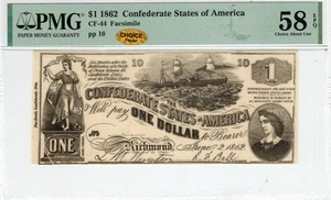 CT-44 339 1862 $1 Contemporary Counterfeit CSA Paper Money - PMG Ch AU 58 EPQ - Picture 1 of 3