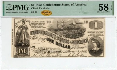 CT-44 339 1862 $1 Contemporary Counterfeit CSA Paper Money - PMG Ch AU 58 EPQ - Image 1 of 3