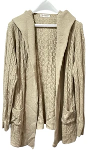 Simply Couture Beige Cable Knit Wool Blend Open Cardigan Womens Hooded READ - Picture 1 of 13