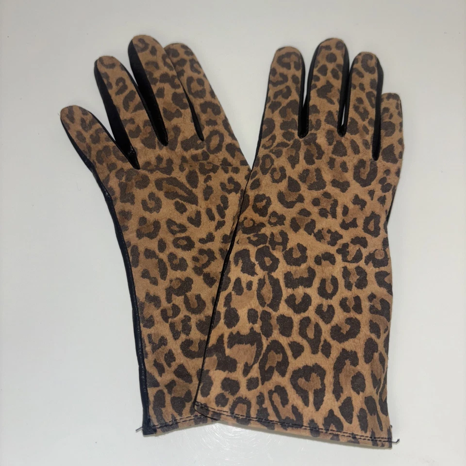Guantes negros para mujer UR Powered talla pequeña concha 100 % cuero estampado de leopardo Foto 1 de 4