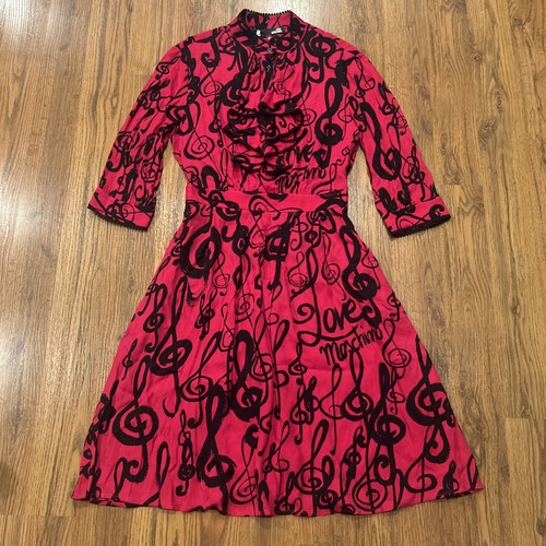 Abito Love Moschino Jabot note musicali stampato donna 6 rosa nero tasche nuovo