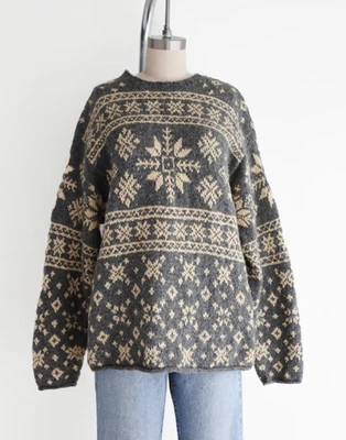 Suéter vintage anos 90 J Crew floco de neve remadores etiqueta cinza creme lã Natal tamanho M - Imagem 1 de 4