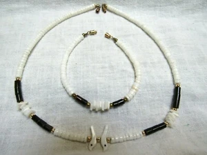Vintage geschnitzte weiße Puka ? Muschel Vögel Heishi Halskette und Armband Set - Bild 1 von 6