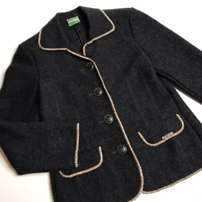Chaqueta Blazer Geiger Mujer S 34 Negra Gris Oscuro Borde Marrón Nueva Lana 4 Botones Foto 1 de 4