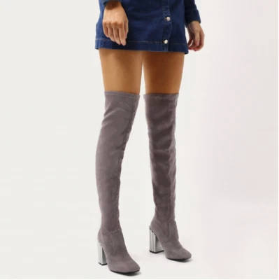 Public Desire Silver Ridged Block Heel Over The Knee Gray Faux Suede Boots US 7 - Image 1 of 4