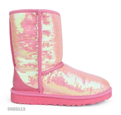 UGG Classic Short Sparkles Sequin Neon Pink Fur Boots Womens Size 7 *NIB* - Image 1 of 4