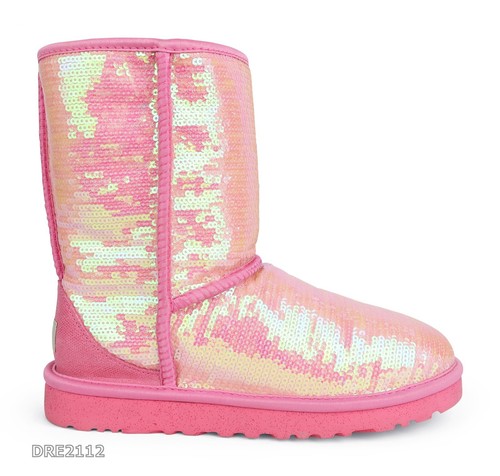 Stivali UGG classici corti scintillanti paillettes rosa fluo pelliccia donna taglia 7 *nuovi con scatola*