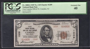 1929 $5 TYII FIRST CAMDEN NAIONAL BANK & TRUST CO CAMDEN, NJ CH.#1209 PCGS EF-40 - Picture 1 of 2