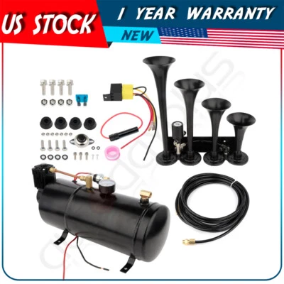 4x 135dB Tren Trompeta Bocina Aire Sistema Completo Kit 1 Gal 12V Manómetro Foto 1 de 4