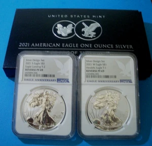 2021 $1 NGC PF69 REVERSE PROOF SILVER EAGLE 2 COIN DESIGNER SET With Case & COA - Picture 1 of 4