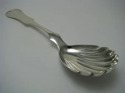 COIN SILVER SPOON SHELL BERRY SUGAR SPOON SERVING E.Jaccard St.Louis Miss.c1850s - Image 1 of 4