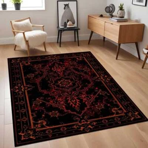Mystic Red and Black Rug with Bold Gothic Patterns, Mystic Dark Rug with Fiery R - Picture 1 of 7