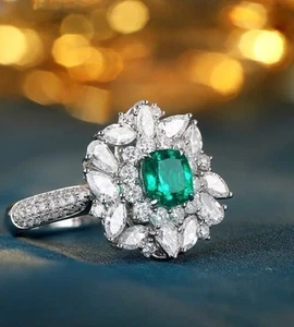 2.01 Cushion Cut Natural Emerald Diamond Proposal Ring 14K Solid White Gold - Picture 1 of 6