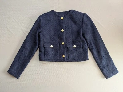 Chaqueta Boucle Sin Cuello Abercrombie & Fitch Mujer S Azul Marino Recortada Botón Dorado  Foto 1 de 4