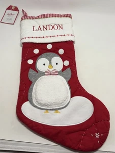 Calza natalizia trapuntata pinguino bambini fienile ceramica monogramma Landon neve rossa - Foto 1 di 6