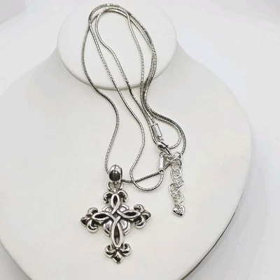 Brighton Silver Cross Pendant Necklace 36" Snake Chain Adjustable Pre-Owned - Image 1 of 4