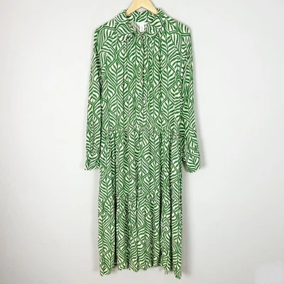 H&M Tiered Midi Dress Green Leaf Print Long Sleeve Size XL Women's - Image 1 of 4