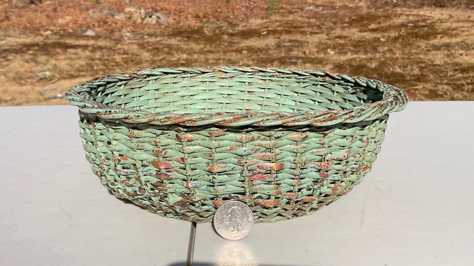 Vintage Round Open Woven & Weaved Teal Chippy Painted Basket Braided Rim 9.5" D - Image 1 of 1