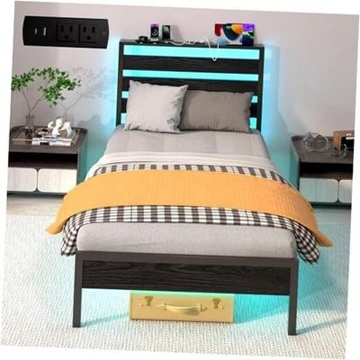 Bed Frame with LED Lights & Charging Station, Storage Headboard, Twin Rustic - Image 1 of 4