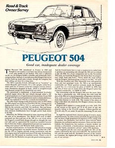 1974 PEUGEOT 504 ~ ORIGINAL 3-PAGE OWNERS SURVEY / ARTICLE / AD - Imagen 1 de 1