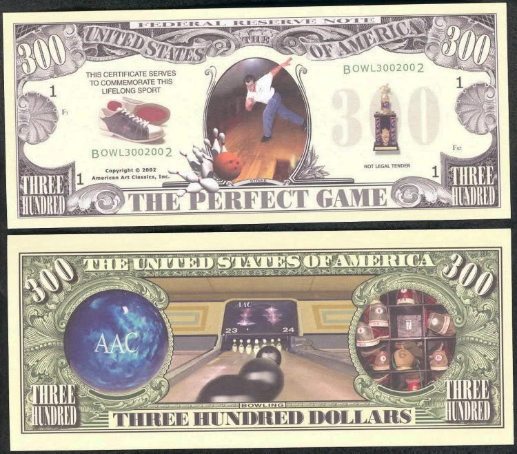 BOWLING 300 PERFECT GAME FUNNY MONEY - Lot of 10 Bills