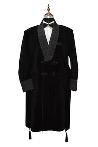 Men Black Smoking Long Coat Quilted Lapel Luxury Designer Party Wear Coat Jacket - Picture 1 of 4