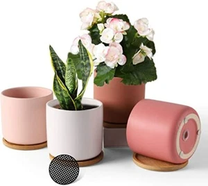 4 Inch Succulent Pots,Ceramic Flower Plant Pot with Bamboo Trays,Modern - Picture 1 of 6