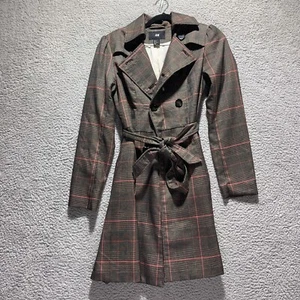 H&M Woman's Sz 2 Brown Plaid Trench Coat Overcoat Jacket - Picture 1 of 8