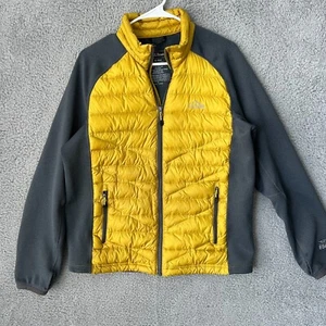 LL Bean Jacket Mens Medium Yellow Gray 850 Goose Down Puffer Fleece Gorpcore - Picture 1 of 12