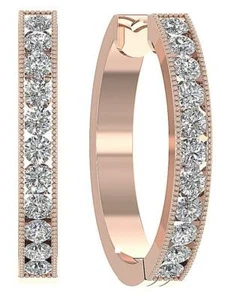 Hoops Earrings Natural Diamond VS1 F 1.75 Ct 14K Rose Gold Channel Set 0.90Inch - Picture 1 of 10