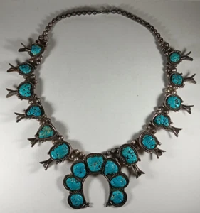 Navajo Squash Blossom Turquoise & Silver Necklace, 8.8 oz. 24" long - Picture 1 of 17