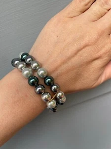 Vintage KJL Kenneth Jay Lane Pearl stretch bracelet grey two 2 strand - Picture 1 of 5