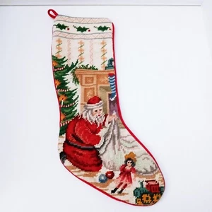 Vintage Nadelspitze Weihnachtsstrumpf Weihnachtsmann Baum Geschenke Kamin Samt - Bild 1 von 4
