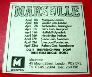 Marseille UK Tour Vintage ORIG 1978 Press/Magazine ADVERT 3.5"x 3" Metal/NWOBHM - Imagen 1 de 3