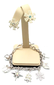 Silver Tone & Glittery White Christmas Charms Adorn Bracelet + Earrings - Picture 1 of 3