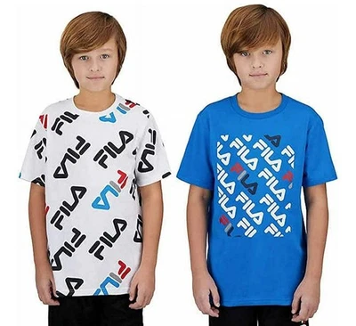 Fila Boys T-Shirt Sports Logo Blue/White All Over Print Cotton  2-pk L 14/16 NWT - Image 1 of 4