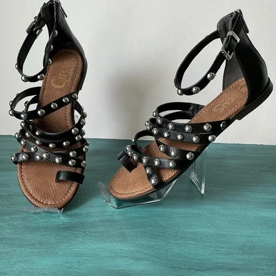 Circus Sam Edelman Women Sz 10 Carla Flat Sandals Black Leather Studded Strappy - Image 1 of 4