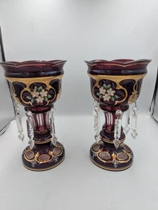 Lot 2 Czech Ruby Red Cut Prism Vase Hand Painted Mantle Luster Cranberry Gold - Bild 1 von 21