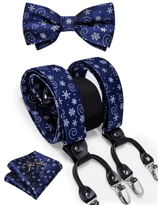 Mens Christmas Bow Tie Suspenders Set Clip On Pocket Square Cufflinks - Image 1 of 4