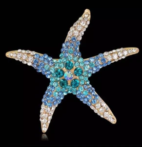 Brosche Seestern mit Schmucksteinen besetzt blau Strass Anstecknadel D-1364 groß - Bild 1 von 5