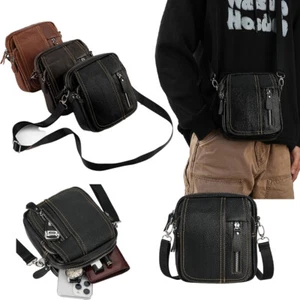 Men's Shoulder Bag Leather Crossbody Bag Large Capacity Storage Bag Zipper Bag - Picture 1 of 9