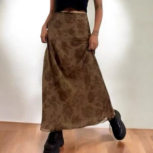 NWT Maxi Skirt Sz.M Brown Floral Mesh Side Zip A-Line Fairy Grunge Y2K 90s Boho - Picture 1 of 12