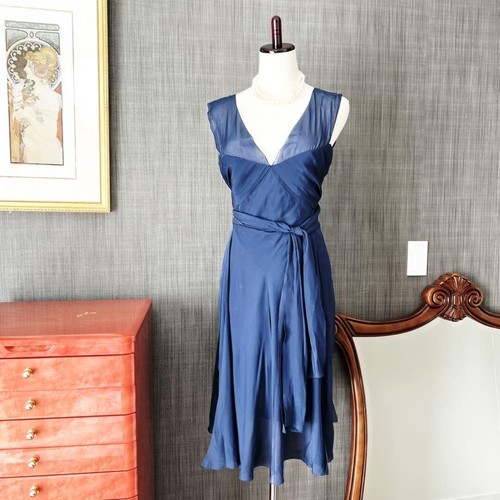 Abito CHANEL seta chiffon coda lunga pezzo unico blu navy taglia 38 donna