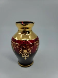 Antique Bohemian Glass Vase Beautiful Ruby Red Enamel Gold Trim 4.25” Tall EUC  - Picture 1 of 6
