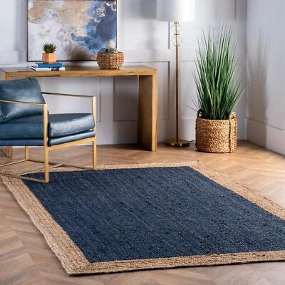 Rug Blue Jute Carpet Mat Farmhouse Natural Handmade Braided Modern Rustic Look - Image 1 of 4