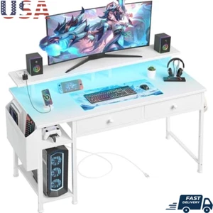 White Computer Desk W/ Shelves Drawers Power Outlet RGB Gaming Station New - Picture 1 of 7