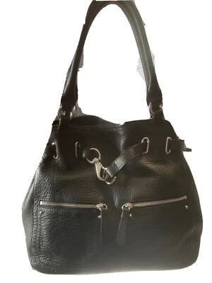 Cole Haan Black Pebbled Leather Shoulder Bag With Silver Zippers - Image 1 of 4