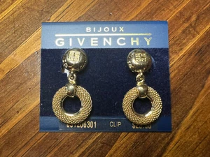 GIVENCHY VINTAGE LOGO Dangle EARRINGS Clip-on Gold Plated NEW RARE - Picture 1 of 9