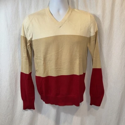Gently Used Men’s BDG Colorblock V-neck Cotton Sweater Size Small Red/Tan/Beige - Image 1 of 4